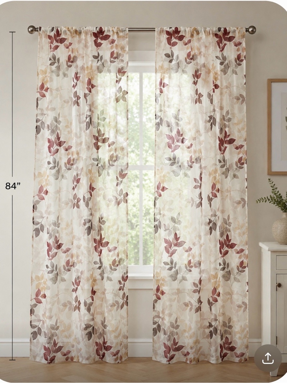 Mainstays Sheer Leaf Curtain Panels - Red, Gold, Gray 84”. SET OF 4